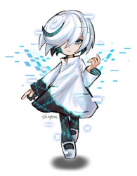 Size: 1120x1435 | Tagged: safe, artist:shapam, sage, sonic frontiers, 2026, digital static, flying, front view, frown, hair over one eye, mid-air, shadow (lighting), signature, simple background, solo, white background