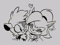 Size: 2048x1566 | Tagged: safe, artist:4brandonjs4, tangle the lemur, whisper the wolf, 2026, bust, cheek squish, cheek to cheek, cute, duo, ear flop, eyes closed, grey background, heart, lesbian, line art, monochrome, one eye closed, shipping, simple background, smile, tangabetes, tangle x whisper, tongue out, whispabetes