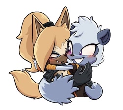 Size: 828x743 | Tagged: safe, artist:jadepesky, tangle the lemur, whisper the wolf, 2026, blushing, cute, duo, hugging, lesbian, looking at each other, shipping, simple background, smile, tail hug, tangabetes, tangle x whisper, whispabetes, white background
