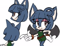 Size: 2048x1566 | Tagged: safe, artist:cosmicseternity, oc, oc:nicky nyx the bat, bat, 2026, belt, dress, flat colors, hand on hip, lidded eyes, looking at viewer, looking offscreen, multiple views, oc only, pointing, simple background, smile, solo, standing, white background