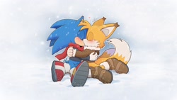 Size: 2048x1152 | Tagged: safe, artist:_nav_o, miles "tails" prower, sonic the hedgehog, 2026, blushing, boots, clothes, coat, duo, eyes closed, gay, heart, hugging, kiss, outline, scarf, shipping, sitting, snow, snowing, sonic x tails, treads, winter, winter outfit