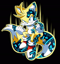 Size: 1920x2048 | Tagged: safe, artist:domestic maid, miles "tails" prower, super tails, 2026, alternate universe, alternate version, au:tails frontiers, black background, clenched fists, corruption, cyber form, cyber tails, flying, frown, looking offscreen, mid-air, outline, signature, simple background, solo, super form