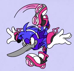 Size: 1170x1122 | Tagged: safe, artist:calebartboy15, oc, oc:rhythm the hummingbird, bird, 2026, hummingbird, kneepads, leg up, looking offscreen, oc only, pink background, posing, purple fur, red eyes, rollerskates, simple background, skating, smile, solo