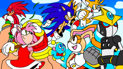 Size: 1740x982 | Tagged: safe, artist:calebartboy15, amy rose, cheese (chao), cream the rabbit, gemerl, knuckles the echidna, miles "tails" prower, sonic the hedgehog, chao, 2025, clouds, flying, frown, grass blade, group, holding something, looking at them, looking at viewer, mid-air, neutral chao, piko piko hammer, robot, sky background, smile, sonic advance 3, spinning tails, standing, team sonic