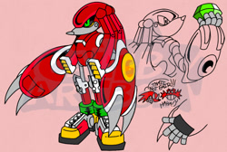 Size: 1170x784 | Tagged: safe, artist:calebartboy15, robotnik, human, 2025, angry, black sclera, chaos emerald, claws, dialogue, duo, english text, holding something, looking at viewer, metal knuckles, obtrusive watermark, pink background, robot, simple background, smile, solo focus, standing, text, watermark