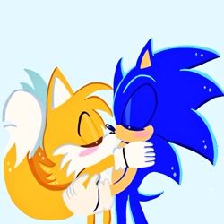 Size: 1024x1023 | Tagged: safe, artist:redsoda_10, miles "tails" prower, sonic the hedgehog, 2026, age difference, blushing, cute, duo, eyes closed, gay, holding each other, hugging, kiss, shipping, side view, simple background, sonic x tails, standing, white background