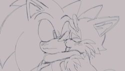 Size: 1713x974 | Tagged: safe, artist:nneedlemouse, miles "tails" prower, sonic the hedgehog, 2026, age difference, blushing, duo, eyes closed, gay, grey background, hugging, line art, looking at them, monochrome, one eye closed, shipping, simple background, smile, sonic x tails, tongue out