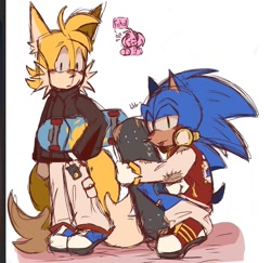 Size: 973x947 | Tagged: safe, artist:buttersss__, miles "tails" prower, sonic the hedgehog, 2026, age difference, alternate outfit, blushing, duo focus, gay, headphones, headphones around neck, holding something, jacket, looking at viewer, pants, shipping, simple background, skateboard, sketch, sonic x tails, sweater, tongue out, trio, white background