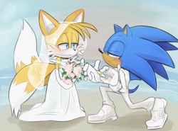 Size: 600x443 | Tagged: safe, artist:funkiepoop, miles "tails" prower, sonic the hedgehog, 2026, age difference, blushing, bouquet, dress, duo, gay, gradient background, looking at each other, ring (jewelry), shipping, smile, smiling at each other, sonic x tails, standing, suit, wedding, wedding dress, wedding ring, wedding suit, wedding veil