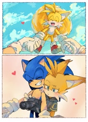 Size: 1441x1976 | Tagged: safe, artist:bluess793948663, miles "tails" prower, nine, sonic the hedgehog, 2026, age difference, blushing, border, camera, clouds, daytime, duo, eyes closed, flying, frown, gay, heart, holding hands, hugging, hugging from behind, lidded eyes, mid-air, mouth open, nine x sonic, open smile, outdoors, shipping, smile, sonic x tails, standing