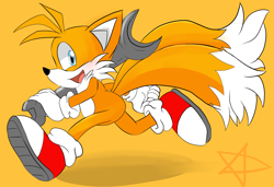 Size: 1280x876 | Tagged: safe, artist:lukastarfall, miles "tails" prower, 2026, clenched fist, holding something, looking at viewer, mouth open, open smile, running, shadow (lighting), simple background, smile, solo, star (symbol), treads, wrench, yellow background
