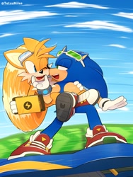 Size: 1536x2048 | Tagged: safe, artist:tetsuchibimori, miles "tails" prower, sonic the hedgehog, sonic riders: zero gravity, 2026, abstract background, age difference, blushing, bracelet, clouds, duo, extreme gear, flying, gay, grass, gravity band, hand under chin, holding something, lidded eyes, looking at each other, mid-air, miles electric, mouth open, one eye closed, open smile, outdoors, shipping, smile, smiling at each other, sonic x tails, spinning tails