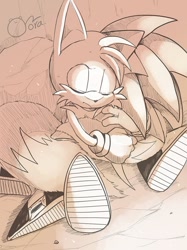 Size: 800x1067 | Tagged: safe, artist:sonic9130, miles "tails" prower, sonic the hedgehog, 2026, age difference, duo, eyes closed, frown, greyscale, hugging, kneeling, monochrome, shipping, signature, sitting, sonic x tails, treads
