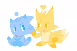 Size: 2048x1365 | Tagged: safe, artist:eliaswal999, miles "tails" prower, nine, sonic the hedgehog, chao, 2025, age difference, chaoified, character chao, chest fluff, duo, fangs, gay, heart, looking at each other, monochrome, mouth open, nine x sonic, open smile, shipping, simple background, sitting, smile, sonic chao, sonic x tails, species swap, standing, tails chao, white background