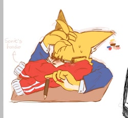 Size: 800x741 | Tagged: dead source, safe, artist:buttersss__, miles "tails" prower, 2025, aged up, alternate outfit, arrow, blushing, blushing ears, color guide, ear fluff, english text, gay, glasses, gloves off, hand on head, holding something, hoodie, lidded eyes, one eye closed, pencil, scent play, shipping, simple background, solo, sonic x tails, sweatdrop, table, text, white background