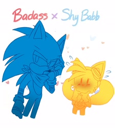 Size: 1845x2048 | Tagged: safe, artist:shadely_boom, miles "tails" prower, sonic the hedgehog, 2026, age difference, badass x shy babb, blood, blushing, duo, english text, fingers together, gay, heart, looking at them, looking offscreen, meme, monochrome, shipping, sonic boom (tv), sonic x tails, standing, text, wiping face