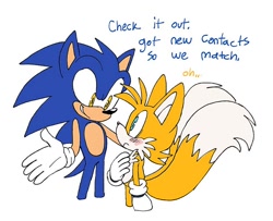 Size: 800x651 | Tagged: safe, artist:pachirizuu, miles "tails" prower, sonic the hedgehog, 2025, age difference, arms out, blushing, dialogue, duo, english text, eye contacts, flat colors, gay, hand on chest, looking at each other, shipping, simple background, smile, sonic x tails, standing, text, white background