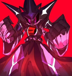 Size: 1800x1900 | Tagged: safe, artist:lbe-3223, metal sonic, neo metal sonic, 2026, black sclera, clenched fists, eyestrain, looking at viewer, red background, robot, simple background, solo, standing