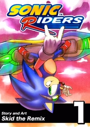 Size: 1446x2048 | Tagged: safe, artist:skidtheremix, sonic the hedgehog, 2026, clouds, devil horns (gesture), english text, extreme gear, looking at viewer, sky background, smile, smiling at viewer, solo, sonic riders, text, upside down