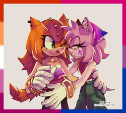 Size: 1755x1569 | Tagged: safe, artist:sonicpridecorner, amy rose, trip the sungazer, 2025, alternate outfit, amybetes, bisexual, bisexual pride, blushing, border, cute, duo, eyes closed, hugging, lesbian, lesbian pride, looking at them, pride, shipping, simple background, smile, standing, tripabetes, tripamy, white background