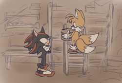 Size: 1720x1170 | Tagged: safe, artist:aleespace-art, miles "tails" prower, shadow the hedgehog, fanfic:tinted shadows, abstract background, arms folded, box, duo, fanfiction art, flat colors, frown, holding something, ladder, looking at each other, mouth open, open smile, smile, standing