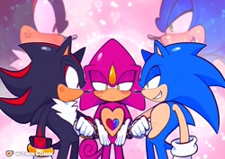 Size: 2048x1448 | Tagged: safe, artist:woniksonik, espio the chameleon, shadow the hedgehog, sonic the hedgehog, 2026, blushing, cross popping vein, echo background, frown, gay, heart, lidded eyes, looking at each other, looking at something, love triangle, shadpio, shipping, smile, smug, sonespio, standing, sweatdrop, trio