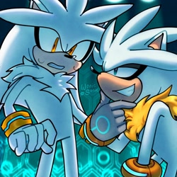 Size: 2048x2048 | Tagged: safe, artist:woniksonik, silver the hedgehog, 2025, abstract background, bending over, clenched teeth, duo, frown, hand under chin, lidded eyes, looking at them, self paradox, smile, standing, sweatdrop, venice the hedgehog
