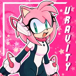 Size: 2048x2048 | Tagged: safe, artist:woniksonik, amy rose, 2025, amybetes, cosplay, crossover, crossover cosplay, cute, echo background, mouth open, ochako uraraka, open smile, outline, smile, solo, standing, star (symbol), text, uravity