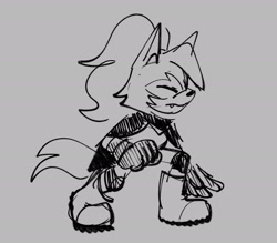 Size: 2048x1791 | Tagged: safe, artist:frostiios, whisper the wolf, 2023, eyes closed, frown, grey background, greyscale, line art, monochrome, one fang, simple background, solo