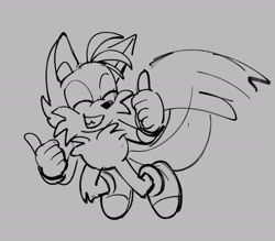 Size: 2048x1791 | Tagged: safe, artist:frostiios, miles "tails" prower, 2023, clenched teeth, double thumbs up, eyes closed, flying, grey background, greyscale, line art, mid-air, monochrome, simple background, smile, solo, spinning tails, thumbs up