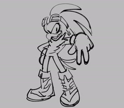Size: 2048x1791 | Tagged: safe, artist:frostiios, jet the hawk, 2023, backwards v sign, clenched teeth, grey background, greyscale, hand on hip, line art, looking at viewer, monochrome, simple background, smile, smiling at viewer, solo, standing, v sign