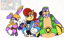 Size: 1170x697 | Tagged: safe, artist:calebartboy15, bunnie rabbot, rotor walrus, sally acorn, 2025, belt, clothes, eyelashes, fur markings, gilet, goggles, goggles on head, hand on hip, hands on hips, hat, redraw, reference inset, simple background, smile, standing, trio, waving, white background, wink