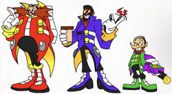 Size: 1161x632 | Tagged: safe, artist:calebartboy15, agent stone, robotnik, snively robotnik, human, 2024, clenched teeth, coffee, drink, finger snap, holding something, looking offscreen, pointing, redesign, remote controller, simple background, smile, standing, trio, white background