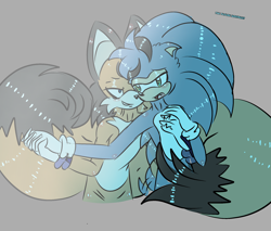 Size: 2048x1741 | Tagged: safe, oc, oc:monty the hedgehog, oc:tony the fox, fox, hedgehog, 2026, aged up, alternate version, anonymous artist, blushing, duo, gay, grey background, hand on chest, holding hands, looking at each other, mobius.social exclusive, monty x tony, oc x oc, shipping, simple background, smile