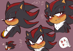 Size: 2283x1614 | Tagged: safe, artist:faburin, shadow the hedgehog, ..., 2026, arms folded, blushing, bust, clenched teeth, embarrassed, exclamation mark, eyelashes, eyes closed, facepalm, frown, heart, lidded eyes, looking offscreen, purple background, simple background, solo, speech bubble, thought bubble