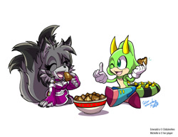 Size: 960x742 | Tagged: safe, artist:yuski, oc, oc:emerald the iguana, oc:michelle the wolf, lizard, wolf, 2010, bowl, clothes, cookie, duo, eating, eyelashes, eyes closed, fingerless gloves, food, holding something, iguana, legs crossed, looking at them, mouth open, one eye closed, open smile, pointing, signature, simple background, sitting, smile, talking, three tails, white background