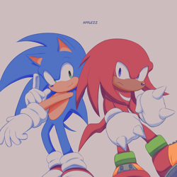 Size: 2048x2048 | Tagged: safe, artist:applezz_4, knuckles the echidna, sonic the hedgehog, 2026, clenched fists, duo, frown, grey background, looking at viewer, pointing, signature, simple background, smile
