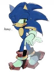 Size: 885x1162 | Tagged: safe, artist:hanzcaty, sonic the hedgehog, hedgehog, 2025, english text, looking at viewer, mouth open, one eye closed, open smile, shadow's hover skates, shoe swap, simple background, smile, solo, standing, sweatdrop, text, walking, white background