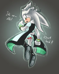 Size: 1024x1280 | Tagged: suggestive, artist:krazyelf, silver the hedgehog, hedgehog, 2014, alternate outfit, blushing, dialogue, dress, english text, eyelashes, flying, gender swap, gradient background, looking at viewer, looking back, looking back at viewer, mid-air, mouth open, panties, psychokinesis, signature, skirt, solo, talking, talking to viewer, text, treads, upskirt