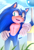 Size: 1500x2200 | Tagged: safe, artist:krazyelf, sonic the hedgehog, hedgehog, sonic the hedgehog (2020), 2022, abstract background, crepuscular rays, daytime, fangs, grass, leaning, looking offscreen, mouth open, open smile, outdoors, smile, solo, standing, star post