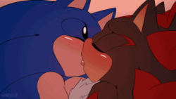 Size: 1280x720 | Tagged: suggestive, artist:krazyelf, shadow the hedgehog, sonic the hedgehog, 2025, absurd res, animated, blushing, blushing ears, duo, eyes closed, french kiss, gay, gif, gradient background, infinite loop, kiss, making out, shadow x sonic, shipping, signature, tongue out