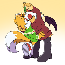 Size: 1500x1500 | Tagged: safe, artist:velveticicle, miles "tails" prower, rouge the bat, 2025, age difference, alternate outfit, boots, christmas, christmas sweater, duo, eyes closed, flat colors, gradient background, holding something, holding them, kiss, looking at them, shipping, standing, straight, sweater, tailouge, treads