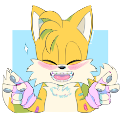 Size: 2599x2520 | Tagged: safe, artist:smommo, miles "tails" prower, 2025, bandaid, blushing, braces, bust, claws, cute, double v sign, eyes closed, fingerless gloves, gloves, mouth open, open smile, pawpads, smile, solo, sparkle, v sign