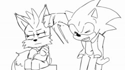 Size: 1920x1080 | Tagged: safe, artist:smommo, miles "tails" prower, nine, sonic the hedgehog, 2024, age difference, animated, blushing, dancing, duo, frown, gay, hugging, jacket, line art, meme, monochrome, nine x sonic, shipping, simple background, sitting, smile, sonic x tails, spot color, webm, white background
