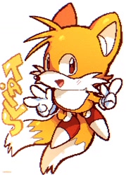 Size: 1022x1424 | Tagged: safe, artist:koasku, miles "tails" prower, 2022, blushing, character name, chibi, classic sonic, english text, looking at viewer, mid-air, mouth open, open smile, pixel art, pointing, simple background, smile, solo, text, v sign, white background