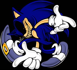 Size: 1348x1223 | Tagged: safe, artist:gaskthehedgehog10102, sonic the hedgehog, oc, oc:2011x, oc:sonic.exe, hedgehog, 2026, adventure pose, alternate universe, au:outcome memories, black background, black sclera, grey shoes, nightmare fuel, pointing, posing, sharp teeth, simple background, smile, solo, style emulation, uekawa style