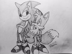 Size: 4080x3060 | Tagged: safe, artist:zivrshka, miles "tails" prower, sonic the hedgehog, 2026, admiration, age difference, arms folded, duo, gay, greyscale, hands together, heart, heart eyes, looking at each other, monochrome, shipping, signature, smile, sonic x tails, standing, traditional media