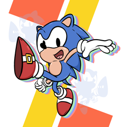 Size: 2912x2912 | Tagged: safe, artist:gnartastic, sonic the hedgehog, sonic mania, 2017, abstract background, classic sonic, looking at viewer, mid-air, mouth open, open smile, smile, solo, treads
