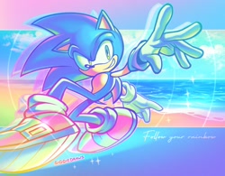 Size: 2048x1600 | Tagged: safe, artist:siggiedraws, sonic the hedgehog, 2026, abstract background, arms out, english text, smile, solo, sparkles, text, treads