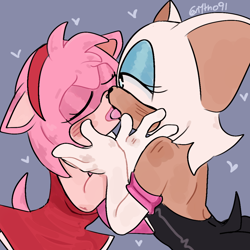 Size: 1080x1080 | Tagged: safe, artist:math9909, amy rose, rouge the bat, 2026, age difference, amy x rouge, blushing, duo, french kiss, grey background, heart, holding each other, kiss, lesbian, shipping, signature, simple background, sloppy kissing, tongue out